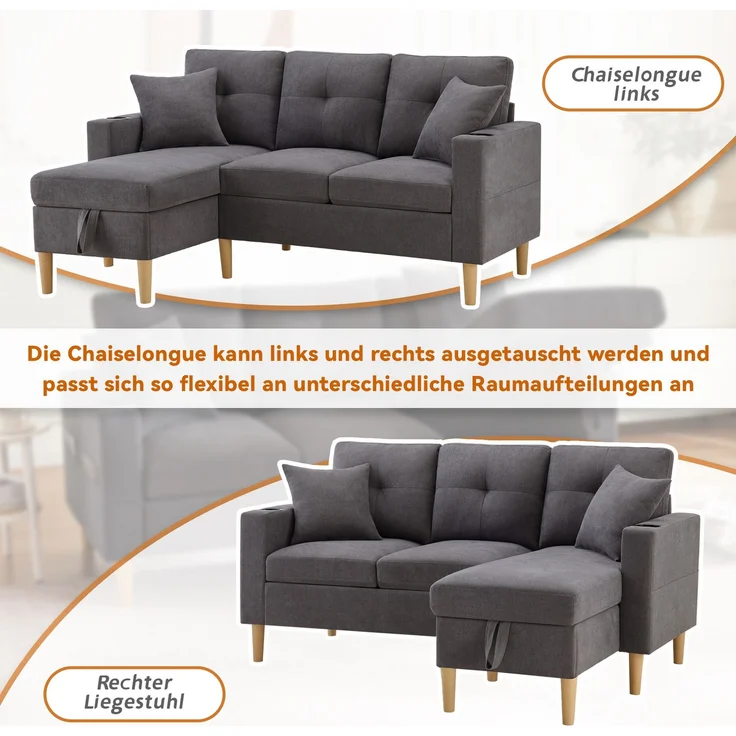 Merax L-förmiges modernes Sofa, 3-Sitzer-Sofa mit Chaiselongue, Stauraum, integriertem Getränkehalter, wird mit 2 Kissen geliefert, Dunkelgrau – Bild 7