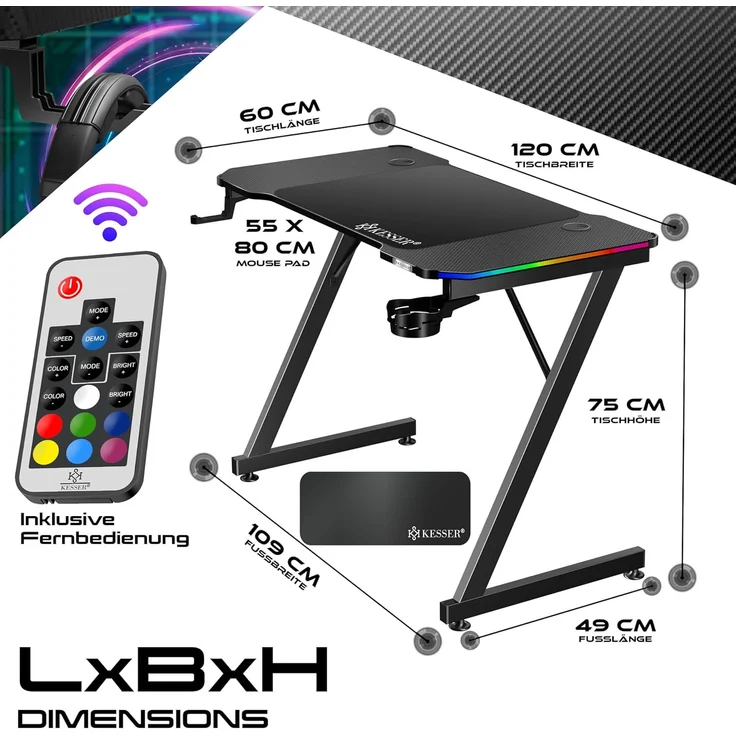 KESSER® Gaming Tisch LED | Z-Form Gamer Schreibtisch | Kopfhörerhaken & Kohlebeschichtung | Ergonomischer PC Computertisch | Stabiler Tisch mit Mauspad & Getränkehalter 120 x 60 cm, Schwarz Carbon mit LED – Bild 7