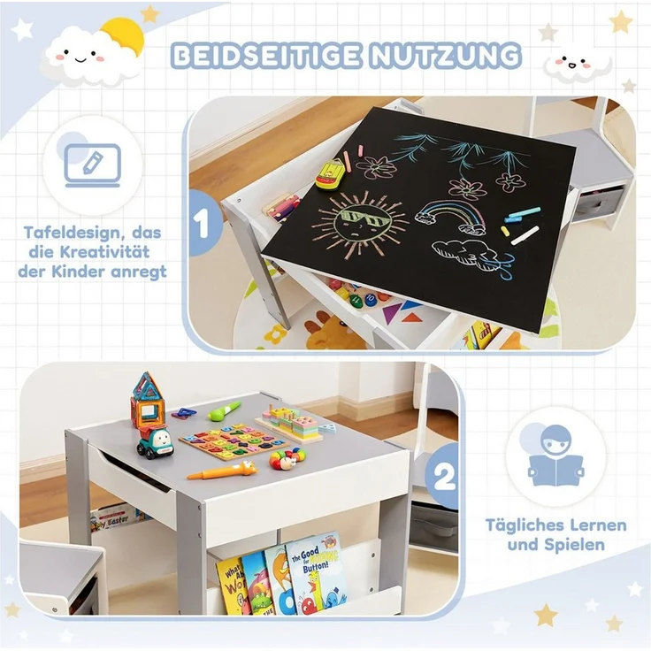 Yorbay Kindersitzgruppe Kindertisch mit Stauraum, Maltisch Kindermöbel mit 2 Stühlen, (3-tlg, Tischplatte abnehmbar), Sitzgruppe für Kinder – Bild 2