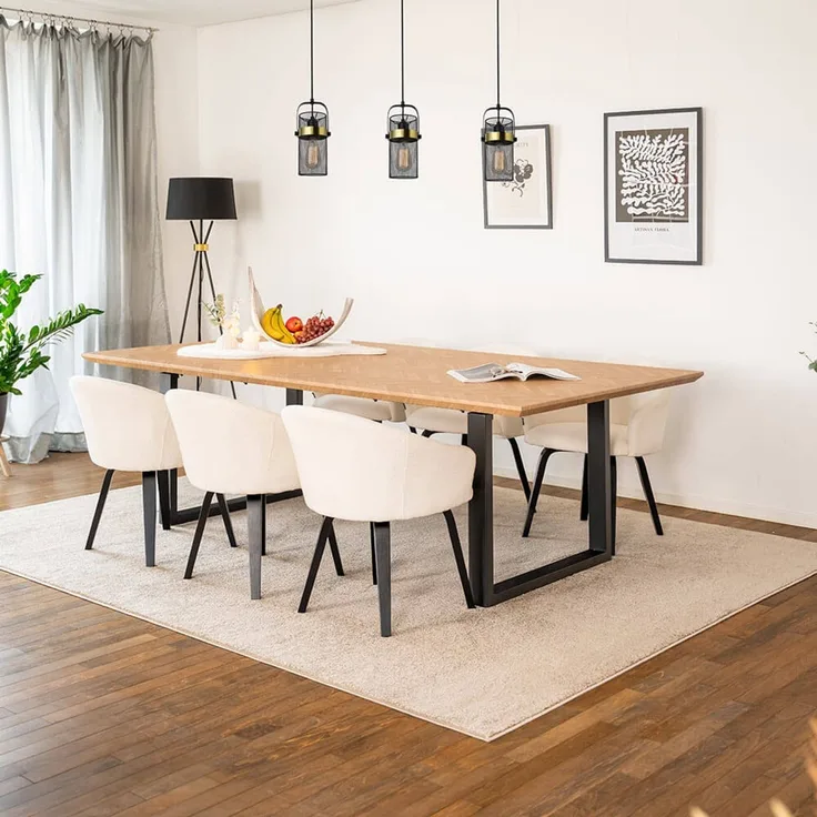 HOME DELUXE Essgruppe Eckig AVENCIA inkl. U-Fuß - 240 x 120 cm Fishbone Oak 6 Stühle Bouclé Weiß