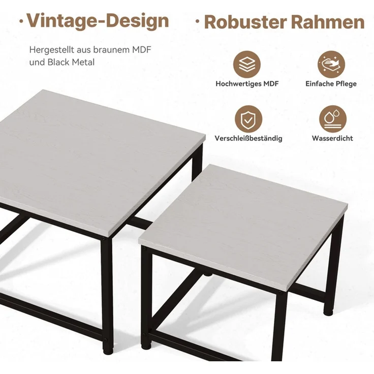 Hawthyhome 2er-Set Quadratischer Couchtisch Beistelltisch aus Holz mit Metallgestell, stapelbar & separat nutzbar, hochdichte MDF-Arbeitsplatte, moderne Industrie, wasserdicht & pflegeleicht, einfache Montage, für Wohnzimmer & Schlafzimmer, Weiß – Bild 6