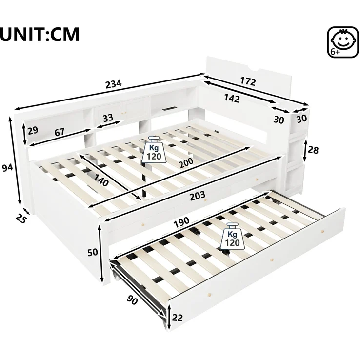 Ausziehbett 140×200 cm mit Gästebett, 3 Schubladen und USB-Anschluss, Weiß, ohne Matratze – Bild 5