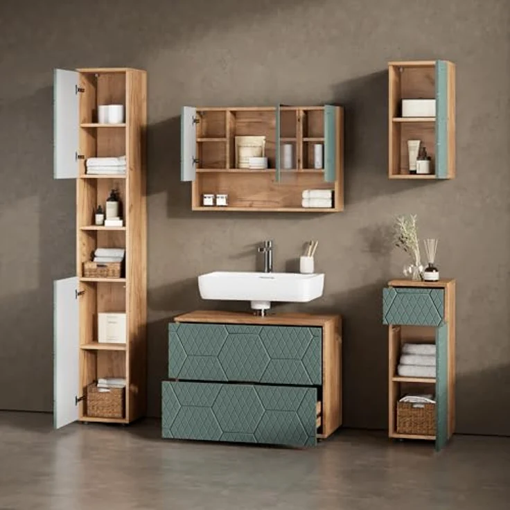 Livinity® Waschbeckenunterschrank Ronco, Grün/Goldkraft Eiche, 80 x 58.6 cm mit 2 Schubladen – Bild 6
