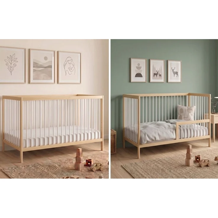Kids Collective Babybett Kinderbett Gitterbett Baby Bett mit Rausfallschutz 60x120 70x140, stabiles Buchenholz, made in Europe 60x120 cm Natur und Weiß – Bild 1