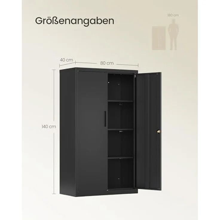 SONGMICS Aktenschrank, Metallschrank, Aufbewahrungsschrank, Büroschrank abschließbar, mit 2 Türen, aus Stahl, 80 x 40 x 140 cm, 3 verstellbare Ablagen, Mattschwarz OMC020BD01 – Bild 4