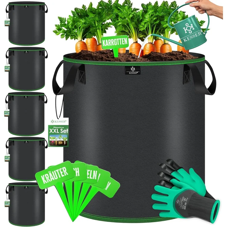 KESSER® Pflanzsack | Pflanzsäcke aus Vlies-Stoff mit Namensschildern | Kartoffel-Pflanztasche mit Fenster & Griffen | Pflanzbeutel für Gemüse Blumen Früchte Schwarz, 27 Liter, 5er Set – Bild 1