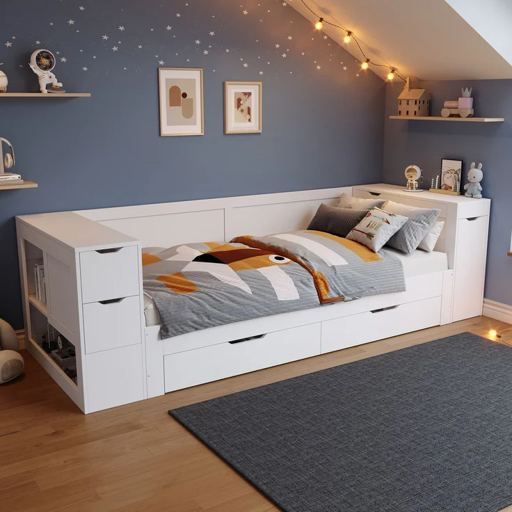 Kinderbett,Daybed, 90 x 200 cm, Einzelbett, multifunktionales Kinderbett mit Schubladen, Regalen und Stauraum, mit nachttisch,mit Stauraum, ohne Matratze, weiß – Bild 2