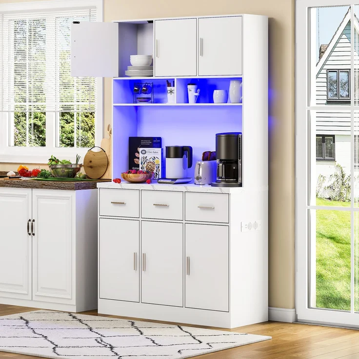 100x40x180cm, multifunktionales Buffet mit LED-Beleuchtung mit APP-Steuerung, Schubladen, verstellbaren Einlegeböden, Kabelführungslöchern und Steckdosen, ideal für Küchen und Esszimmer – Bild 6