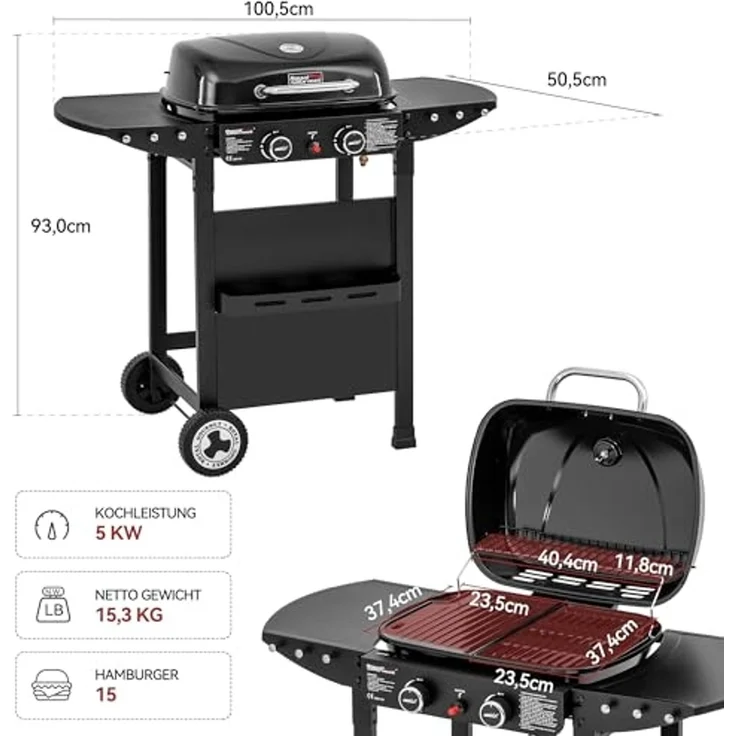Royal Gourmet 2-Brenner Gasgrill und Griddle Combo, 2 IN 1 Grillwagen mit abklappbare Seitenablagen, Ablagekorb, 5 kW Campinggrill für Garten Schwarz – Bild 3
