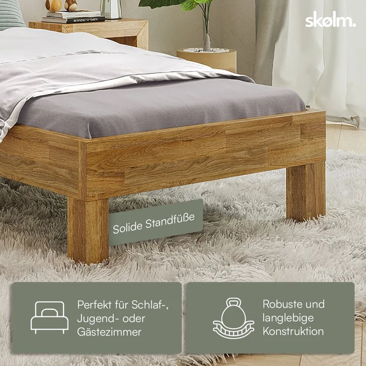 skølm 'Floki' Bett 100x200 cm, Bettgestell, natur geölt, Massivholzbett aus Eiche, Einzelbett mit Bettkopf – Bild 4