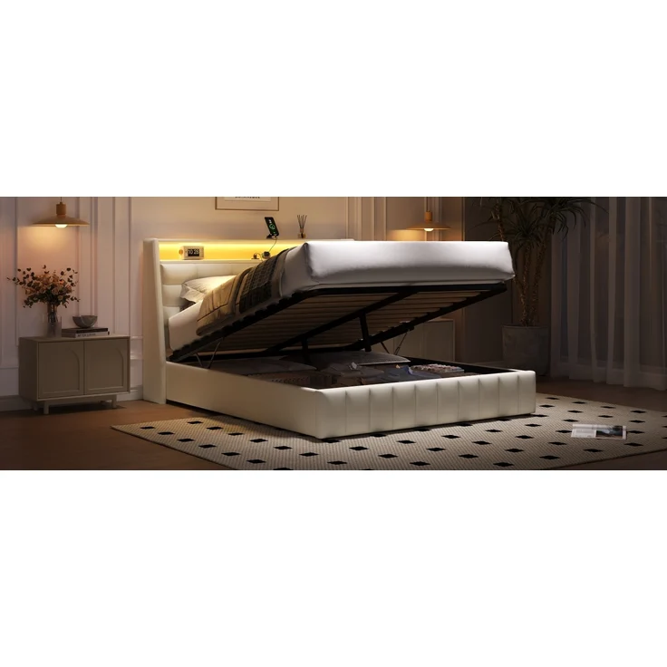 Gepolstertes Plattformbett, LED-Licht USB-Anschluss Stauraum unter dem Bett verstellbare Kopfteilkissen, Polsterstoff, Weiß, 160 x 200 cm – Bild 9