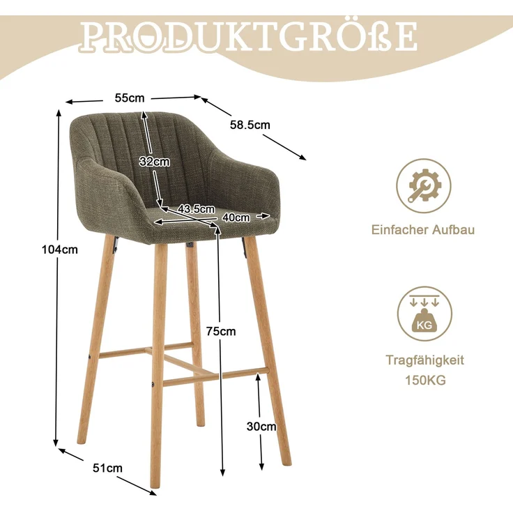 LVHOM Barhocker 2er Set, Barstühle mit Rückenlehnen und Armlehnen, Tresenhocker mit Holzbeinen, Tresenstuhl Stoff, Grün – Bild 5