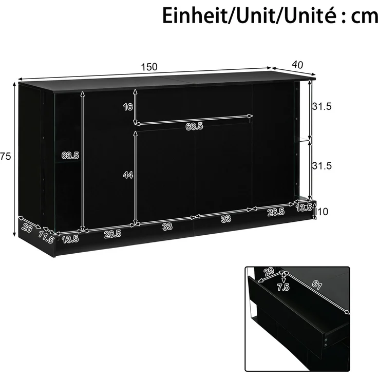 DESVIAE Sideboard Schwarz aus Spanplatte – 150x75x40 cm – LED-Beleuchtung, Glasvitrinen, Schublade – Bild 10