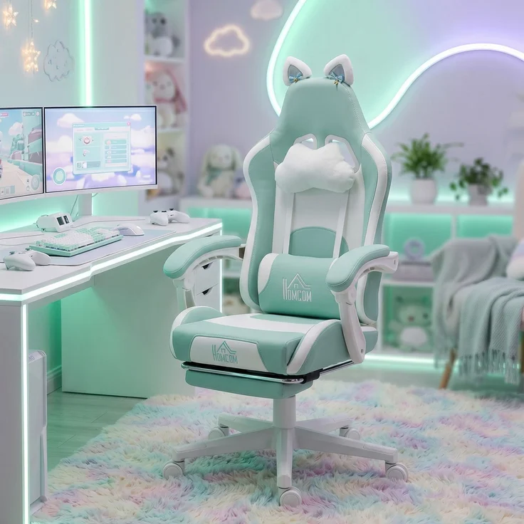 MELAYR, Liegender Gamer-Stuhl mit höhenverstellbarer, einziehbarer Fußstütze, Mintgrün, 65 x 62 x 124 cm, Blaugrün – Bild 3