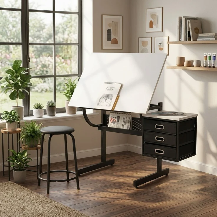 Weißer, höhenverstellbarer Zeichentisch mit Hocker und 3 Schubladen zum Basteln, Lesen und Schreiben – 115 x 60 x 76,2 cm – YOUDENOVA – Bild 1