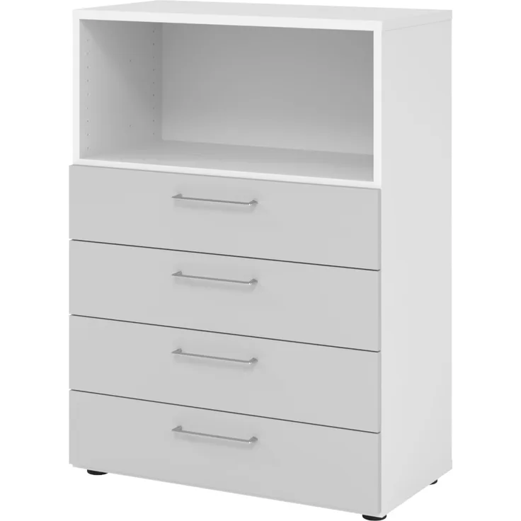 bümö smart Schubladenschrank, Büroschrank 80cm breit in Weiß/Grau mit 4 Schüben & 1 Regalfach - Bürocontainer aus Holz, Container mit Metallgriffen & Soft-Stop Schubladen, 938S4-W-5-BS