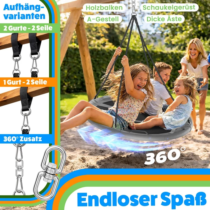ELONEO Nestschaukel Outdoor & Indoor mit 90 oder 120 cm Durchmesser, Tellerschaukel, höhenverstellbare Hängeschaukel inkl. Kissen, Griffen und Zubehör-Set, Grau - 90cm – Bild 5
