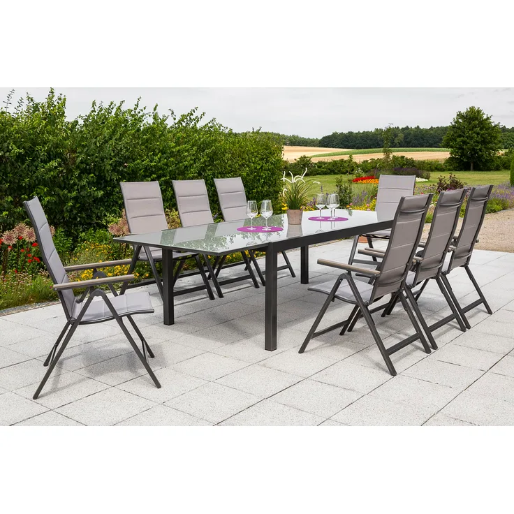 Trivero Gartenmöbel Set 9tlg, Klappsessel & Semi Ausziehtisch