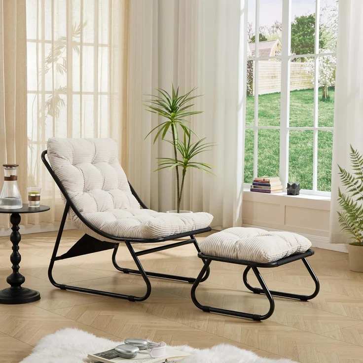LVHOM Sessel mit Hocker, Gepolsterter Loungesessel aus Cord mit Metallgestell, ergonomischer Relaxsessel für Wohnzimmer und Schlafzimmer, Weiß – Bild 4