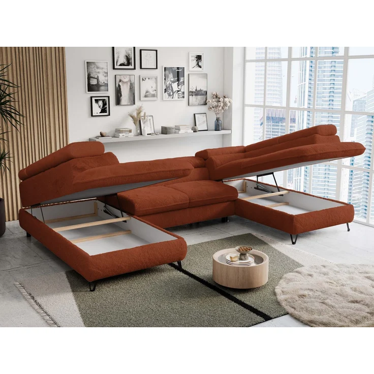 Ecksofa U-Form, mit Bettkasten, Bettfunktion und Einstellbare Kopfstützen, Sofa big XXL - PETER U - Orange Plüsch – Bild 3