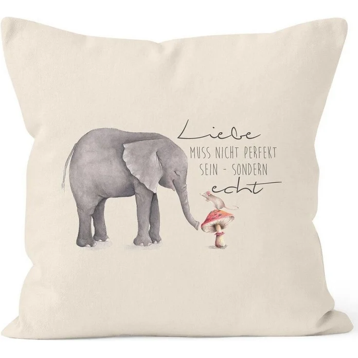 MoonWorks Dekokissen Kissenbezug Geschenk Liebe muss nicht perfekt sein sondern echt Elefant Maus Kissen-Hülle Deko-Kissen 40x40 Baumwolle MoonWorks® – Bild 1