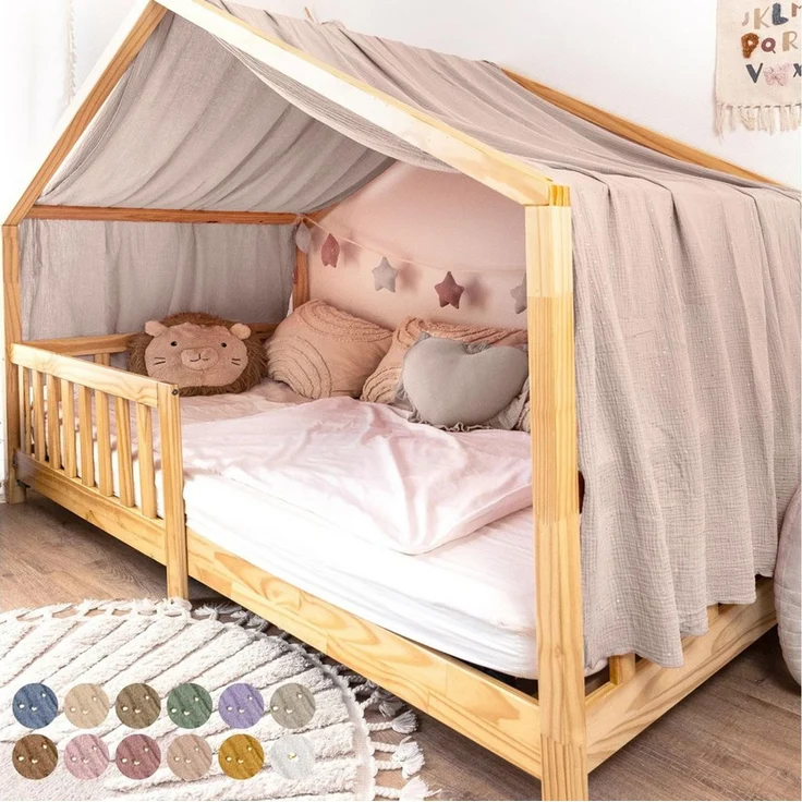 lilimaus Betthimmel Musselin Hausbett Himmel Kinderzimmer Baumwolle mit Gold, Gemütlicher Baldachin aus Baumwolle für traumhafte Kinderzimmer-Deko – Bild 1