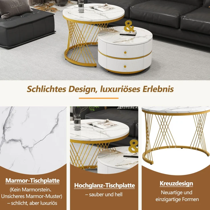 2-teiliges Couchtisch-Set mit Marmoroptik, runde Beistelltische mit Schubladen, Hochglanz Weiß, MDF Wohnzimmertische Set – Bild 8
