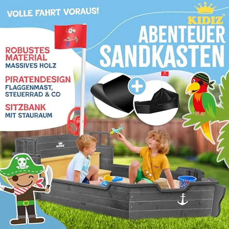 KIDIZ® Sandkasten Ahoi - Piratenschiff, Holz Anthrazit, 195 x 94 x 136 cm – Bild 3