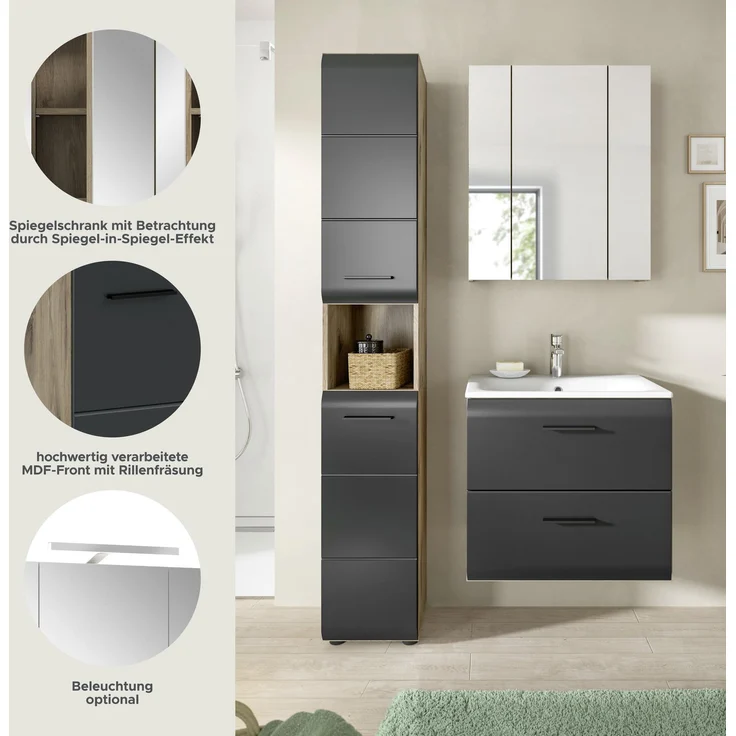 Badkombination (B/H/T: 105x185x46 cm) in schwarz matt und Nox Oak Nachbildung – Bild 8