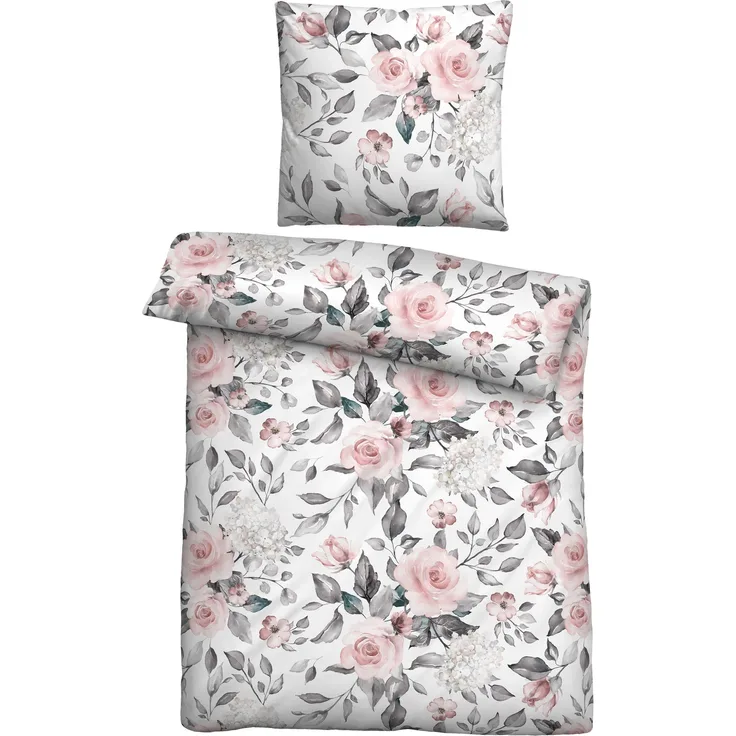 Bettwäsche Castell Mako Satin 0603719-018 Rosen weiß grau 135x200