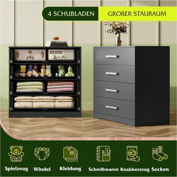 WLIVE Kommode mit 4/5 Schubladen, Moderne Schubladenkommode (Packung, Modernes Sideboard mit 3 Schubladen und 4 Fächern, Breite 75 cm), Vielseitiger Schubladenschrank für Schlafzimmer, Flur & Kinderzimmer – Bild 3