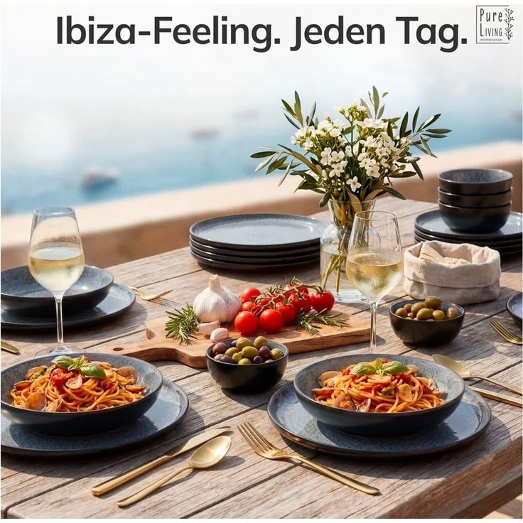 Steingut Geschirrset 12 Pers. Ibiza 36-tlg Hochwertiges Mediterranes TEST SEHR GUT Steingut Geschirr Set - Schüssel- und Teller Set - Tafelservice 12 Personen Geschirrsets Pure Living in Grau – Bild 2