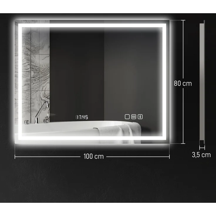 MELAYR, Badspiegel mit Beleuchtung 100x80 cm LED Spiegel Uhr Silber – Bild 4