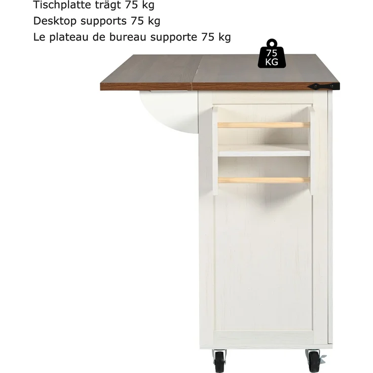 Kücheninsel 140 cm mit klappbarer Tischplatte 73 cm, Küchenwagen mit Stauraum, 2 Schränken und 2 Schubladen, Handtuchhalter – Bild 6