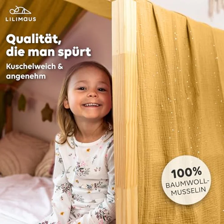 lilimaus Betthimmel Musselin Hausbett Himmel Kinderzimmer Baumwolle mit Gold 2er Set, Gemütlicher Baldachin aus Baumwolle für traumhafte Kinderzimmer-Deko – Bild 3