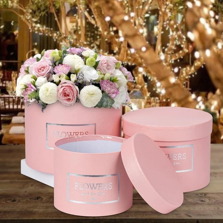 3er Set Runde Blumen-Geschenkboxen mit Deckel - Rosa Ø15/17/20cm – Bild 4