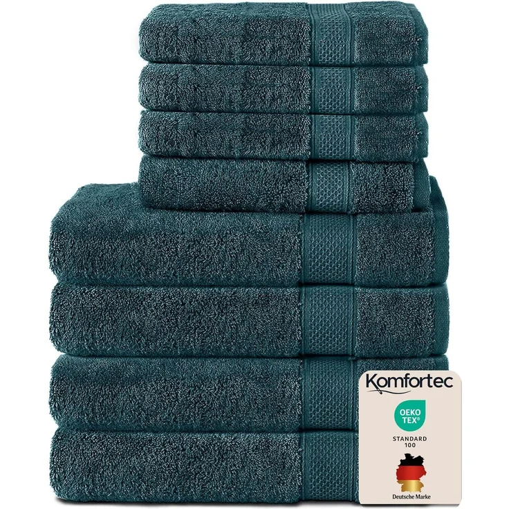 Komfortec 8er Handtuch Set aus 100% Baumwolle, 4 Badetücher 70x140 und 4 Handtücher 50x100 cm, Frottee, Weich, Towel, Groß, Petrol – Bild 1