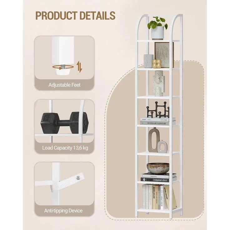 Bücherregal, 7 Ebenen Standregal, DVD-Regal, Schmale Regale, Offenes Regal, Industriestil, Metallrahmen, Geeignet für Arbeitszimmer, Wohnzimmer, Schlafzimmer, Küche, Weiß – Bild 5
