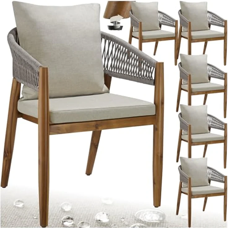 tectake® Gartenmöbel Set, Gartenstuhl Holz Rope Design, Balkon Sessel, Outdoor Möbel, Gartenstühle, Balkonmöbel, Terrassenmöbel, Wintergarten, Sitzgruppe Outdoor, Balkonstühle - Greige, 6er Set – Bild 1