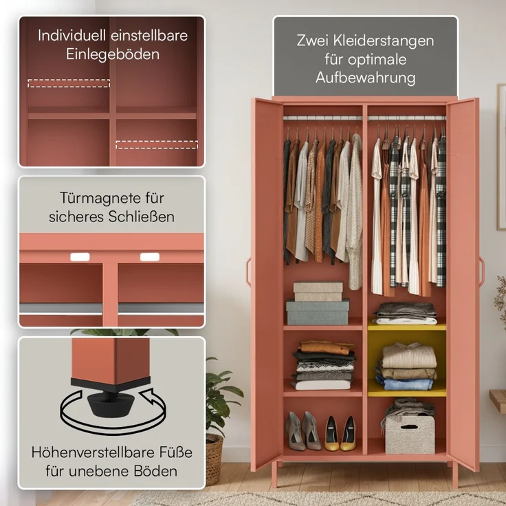 skølm 'Atria' Kleiderschrank, Metall, 170x45x80 cm, terrakotta, Garderobe mit 4 Fächern und 2 Kleiderstangen – Bild 3