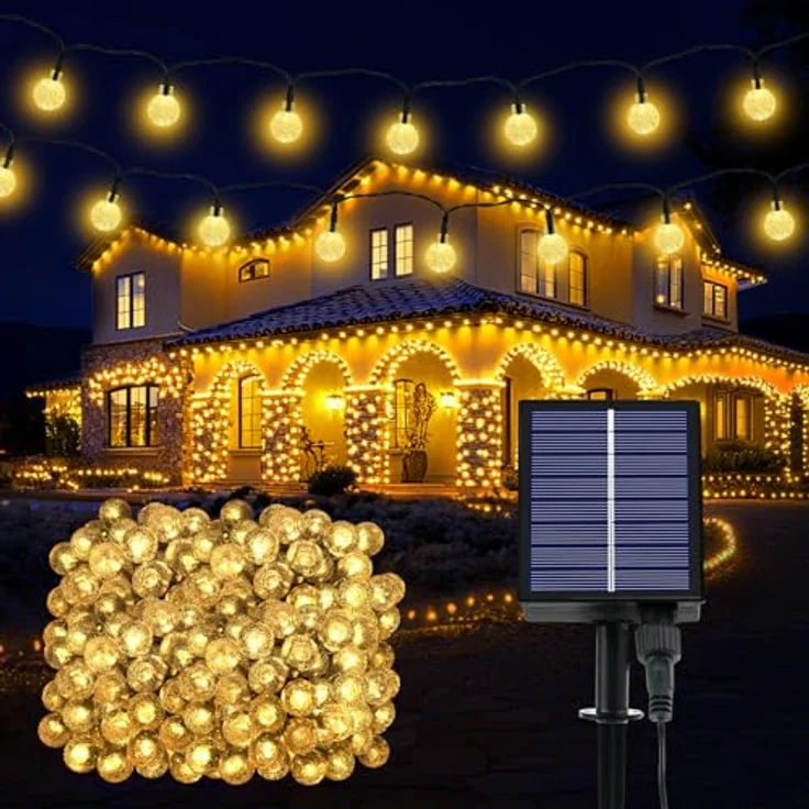 Solar Lichterkette Aussen Wetterfest, 200 LED 3M+ 24M 8 Modi IP65 Warmweiß Solarlichterkette aussen Wetterfest Solar Lampions Kristallkugeln für Balkon Deko Terrassen Garten Weihnachten Partys Zuhause – Bild 2