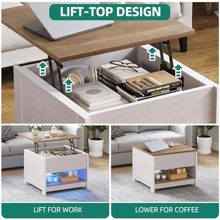 YITAHOME Couchtisch mit Hebeplatte, Quadratisch Couchtisch Höhenverstellbar, Wohnzimmertisch Modern für Couch Schlafzimmer,Stabiler Metallrahmen,60X60X45CM – Bild 6