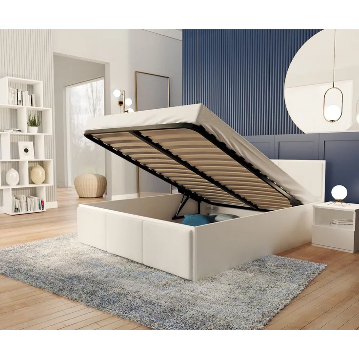 FDM Polsterbett mit Lattenrost Doppelbett 120x200, 140x200, 160x200, 180x200 (MADE IN EU - Bettrahmen mit Bettkasten für viel Stauraum, in Grau,Weiß oder Eiche Braun, ideal für Paare), Metallrahmen mit hydraulischer Klappfunktion