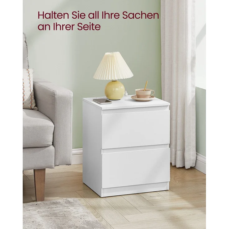 VASAGLE Nachttisch mit Steckdosenleiste, Beistelltisch, 2 Schubladen, MDF Wolkenweiß, 35 x 40 x 49 cm – Bild 3