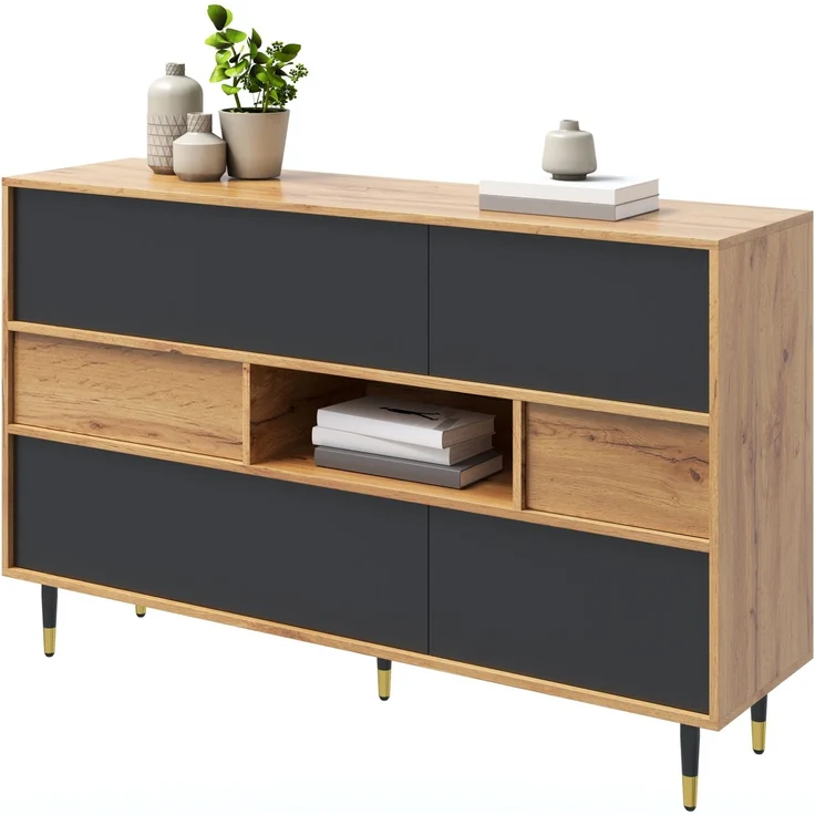 Sideboard aus MDF und PB mit 2 Schubladen, Klapptüren & offenem Fach, 140 x 40 x 84,5 cm, Natur/Schwarz – Bild 7