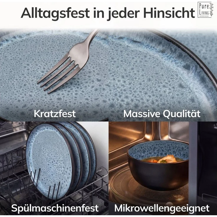 Steingut Teller Groß 6 Personen Ibiza TESTSIEGER, Traumhaftes Mediterranes Steingut Speiseteller Set, Stylisches Essteller Set, Pure Living in Rauchblau – Bild 4
