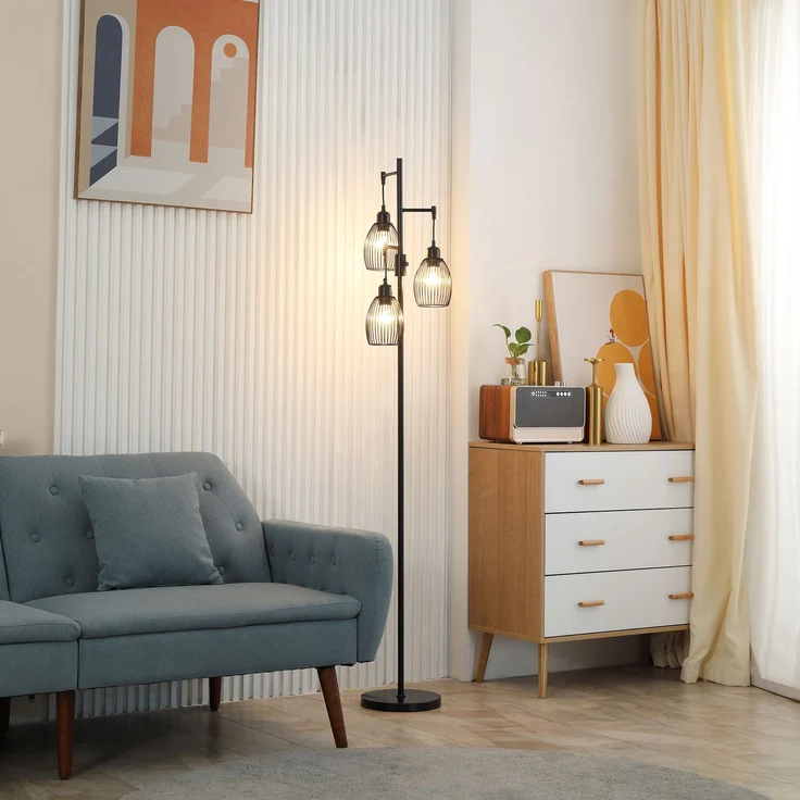 JARDJ Industrielle Stehlampe mit 3 Lampenschirmen und einstellbarem Dimmer, aus Stahl, 30 x 30 x 170,5 cm, Schwarz – Bild 4
