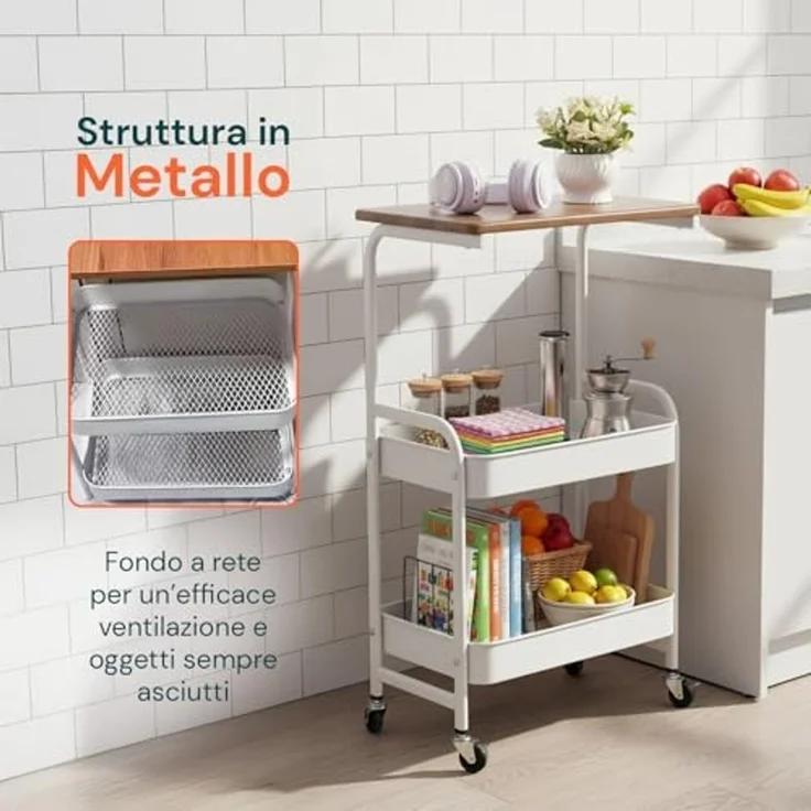 Avilia - Mehrzweck-Küchenwagen 77 x 43 x 30 cm mit 2 Ablagen aus Metall und Holz, leicht zu bewegen mit 4 drehbaren Rollen, ideal als platzsparendes Möbelstück für Zuhause und Büro – Bild 2