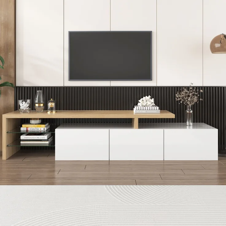 TV-Lowboard, MDF/Glas mit LED-Lichtstreifen & Glasböden, 197,5x39x42 cm, Natur/Weiß