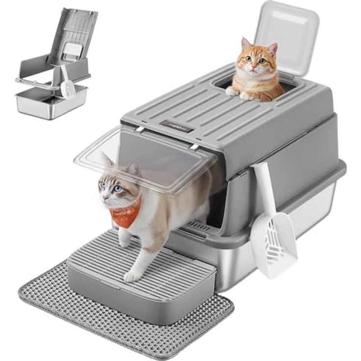 Feandrea Katzenklo Edelstahl, mit Deckel, Schaufel, Katzenstreumatte | Katzentoilette, mit 2 Eingängen, für Katzen bis 15 kg, Schiefergrau, BOXAL Kollektion PPT007GN01 – Bild 1